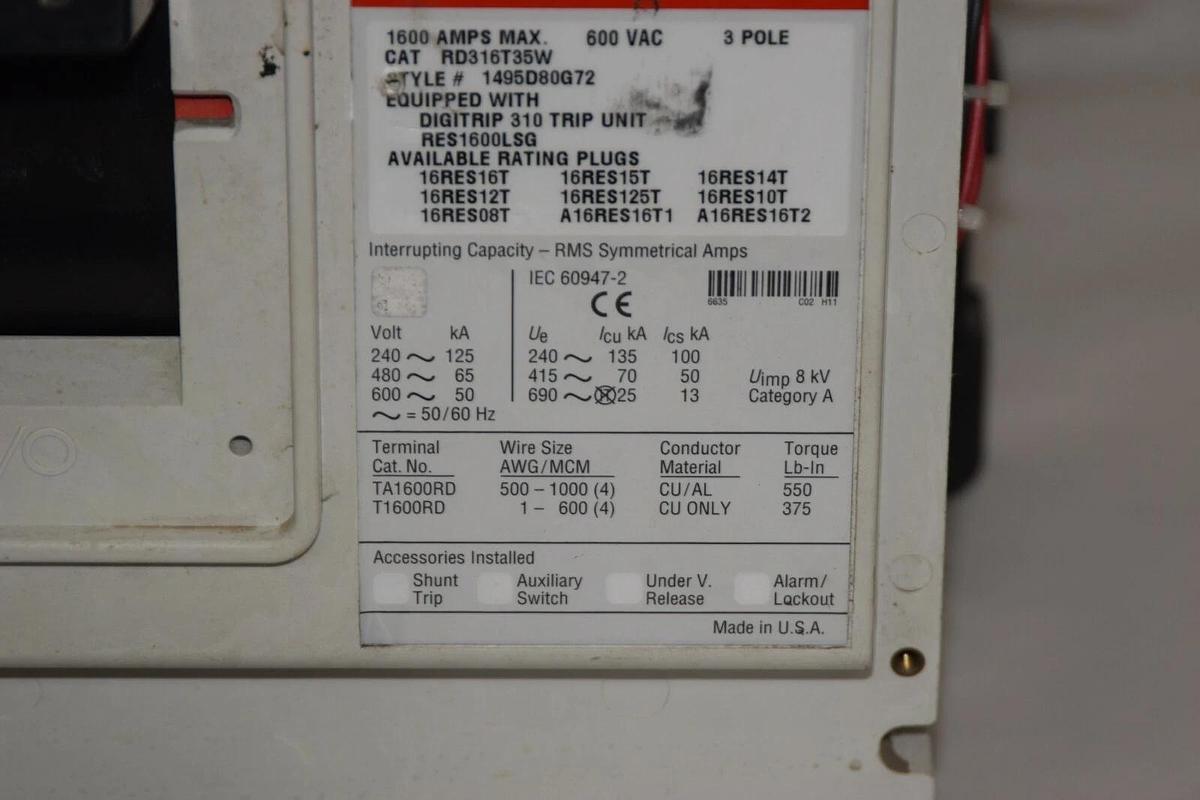 Used Cutler Hammer RD 3 pole 1600 amp RD316T35W Circuit Breaker RD316T35W RES1600LSG