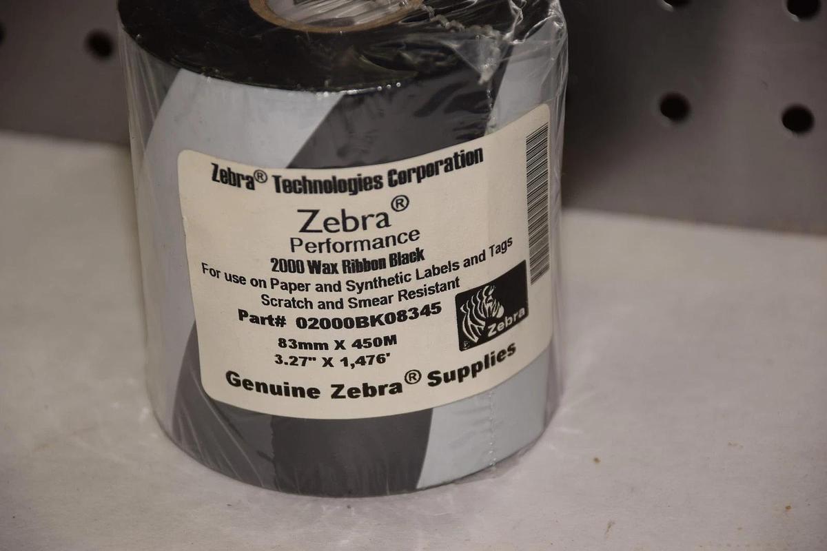 (LOT 2) ZEBRA TECHNOLOGIES 02000BK08345 83mm x 450m 2000 WAX RIBBON BLACK NEW