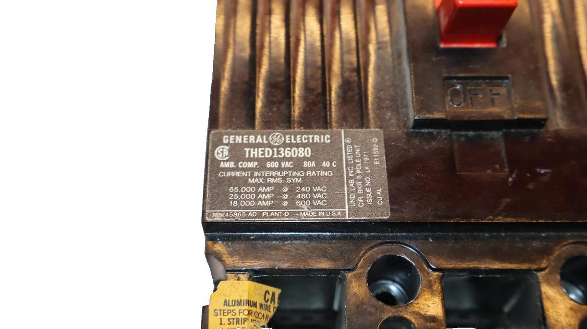 Used GE 80A 80 Amp Circuit Breaker THED136080 600V 3-Pole General Electric
