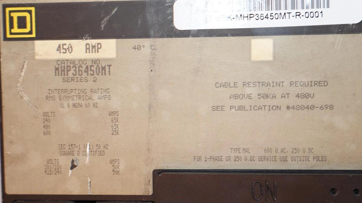 Used Square D Breaker MHP36450MT 450 AMP 600V  450A Magnetic Trip Adjustment