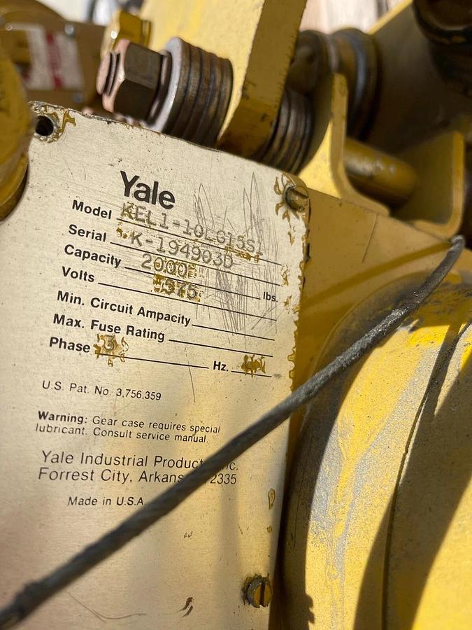 Used Yale 1 Ton 2000lb Chain Hoist KEL1-10LG15S1 KEL110LG15S1 575v 3ph w trolley KEL1