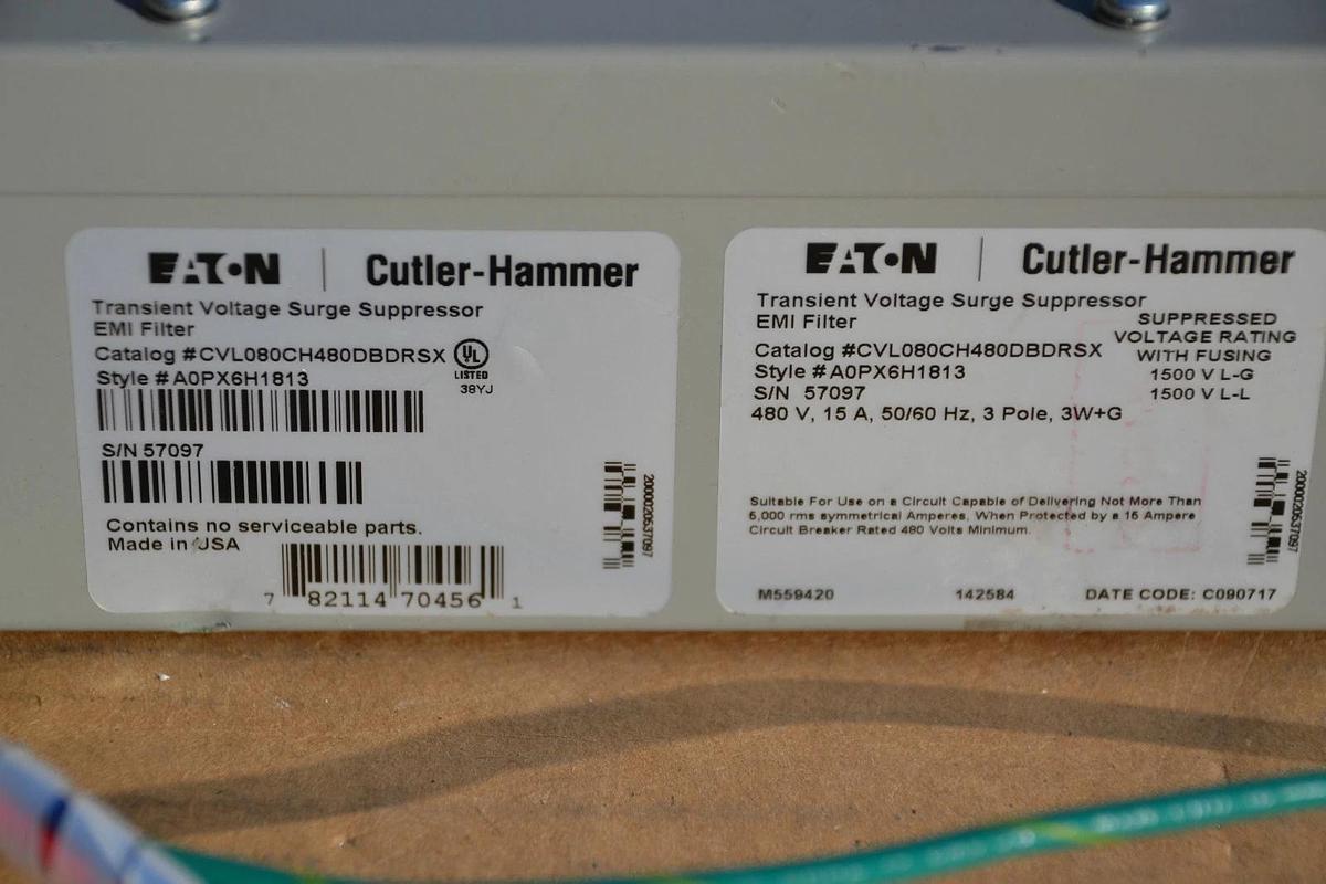 Used EATON CUTLER HAMMER CLIPPER VL SURGE SUPPRESSOR EMI FILTER CVL080CH480DBDRSX