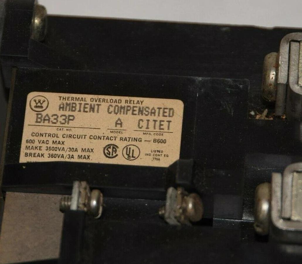 Used WESTINGHOUSE BA33P Model A Ambient Compensated Thermal Overload Relay 600v