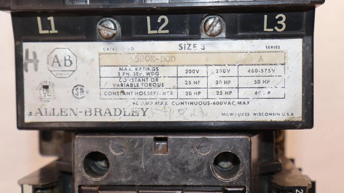 Used ALLEN BRADLEY 520E-DOD Size Sz 3 Ser A Contactor 592-D0W16 Relay 120V Coil 3ph
