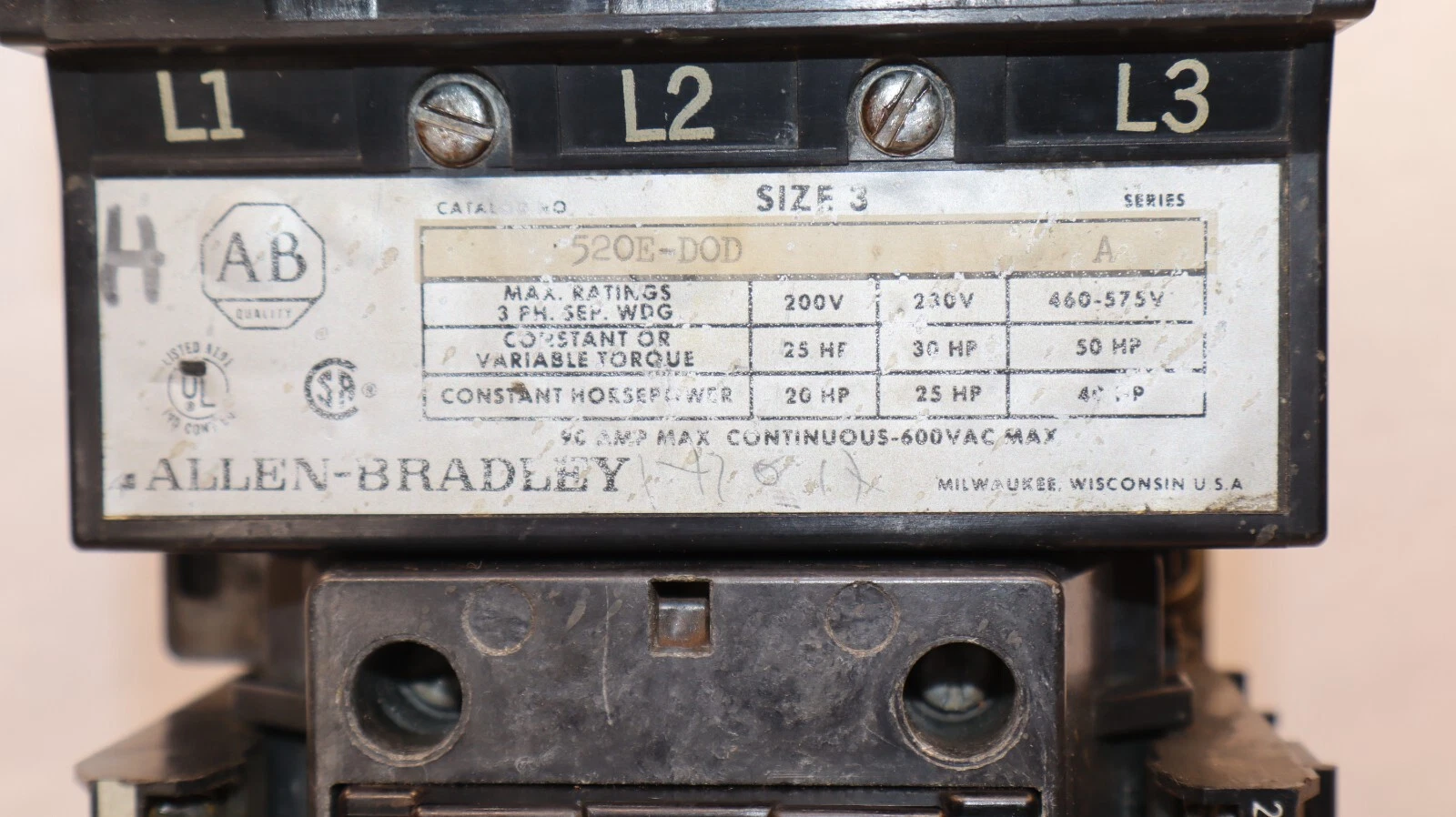 Used ALLEN BRADLEY 520E-DOD Size Sz 3 Ser A Contactor 592-D0W16 Relay 120V Coil 3ph