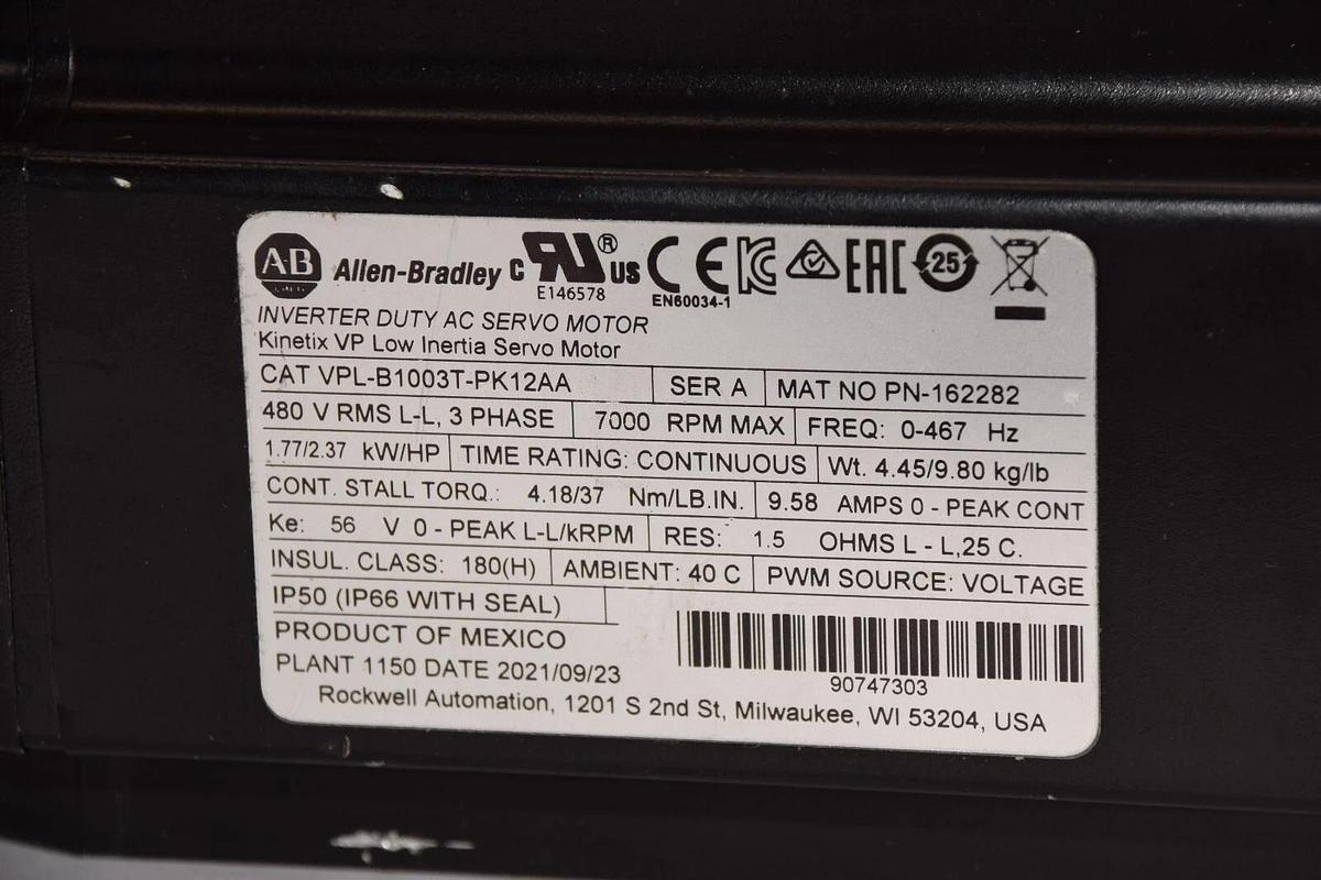 Used ALLEN BRADLEY CAT VPL-B1003T-PK12AA Series A 480V 3Ph Kinetic AC Servo Motor