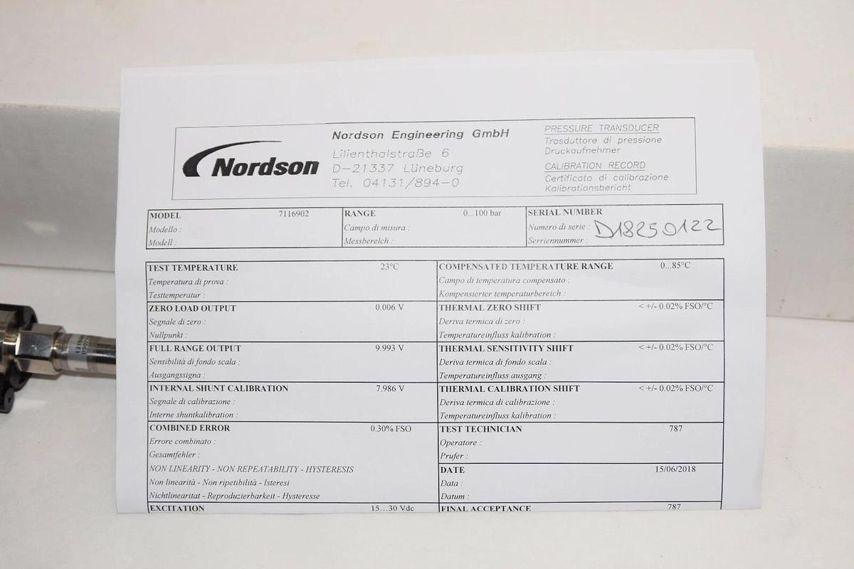 (NEW) NORDSON 7116902 D18250122 1215082 100 Bar 0-10Vdc Pressure Sensor