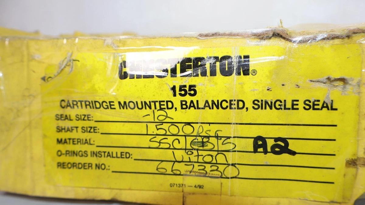 Chesterton Cartridge Mounted, Balanced, Single Seal 155 Seal 12 Shaft 1-1/2" New