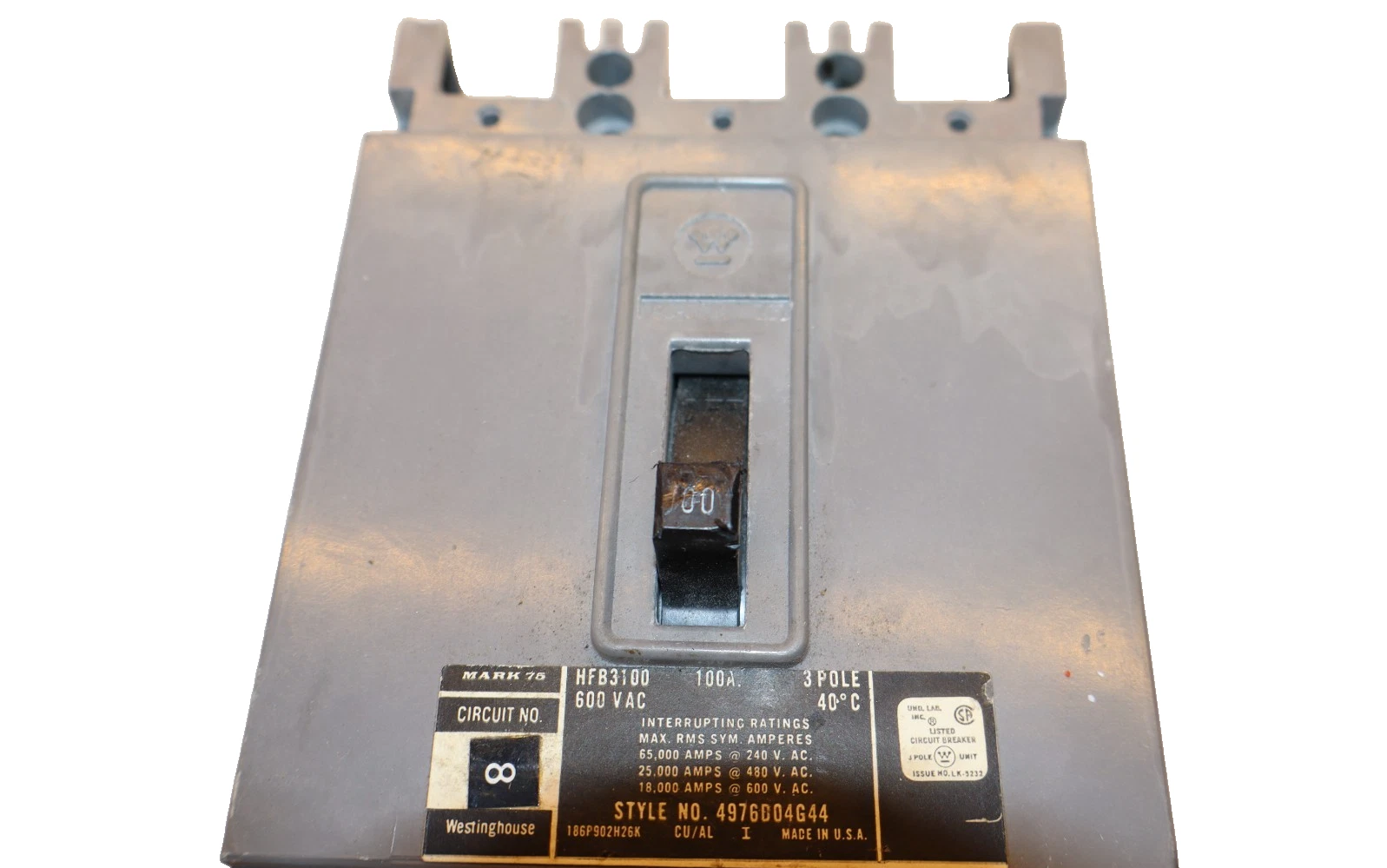Used Westinghouse Circuit Breaker 100A 100Amp HFB3100 600VAC 3-Pole