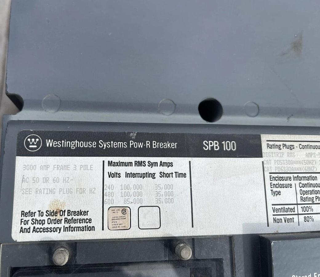 Westinghouse SPB100 3000A 3p 600V Pow-R-Way Breaker T51BLI, SPBR330F51, 3000 Amp