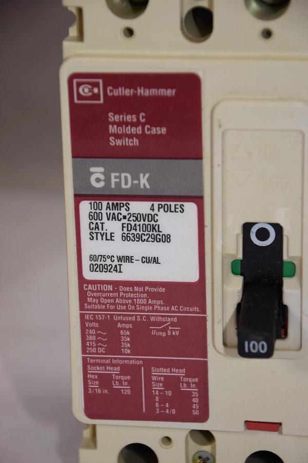 CUTLER HAMMER FD4100KL 100A 100 Amp 4p 600Vac Series C Circuit Breaker (NEW)