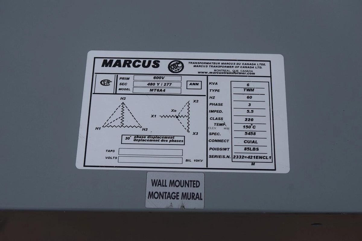 Marcus 6kva 6 kva Transformer MT6A4 600v 480y/277 ANN 60hz 3ph (NEW)