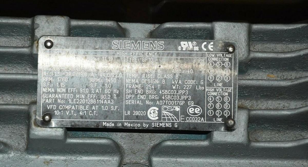 (New) Siemens 15 HP 1LE22012BB11AA3 Electric Motor GP10 254T 230V 460V 1760 RPM