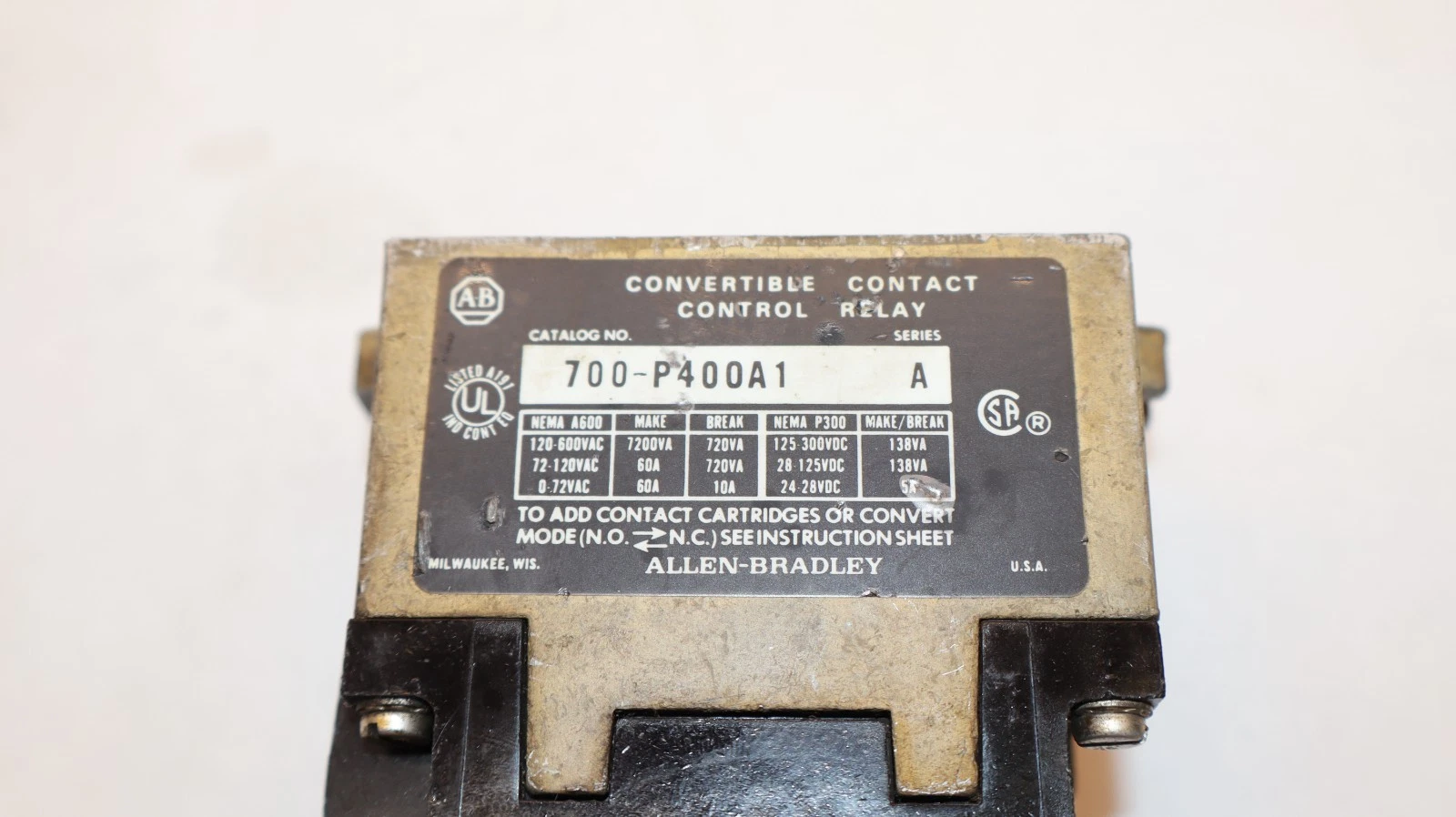 Used Allen Bradley Relay 700-PT Pneumatic Time Delay 700-P400A1 600A Coil: 120V