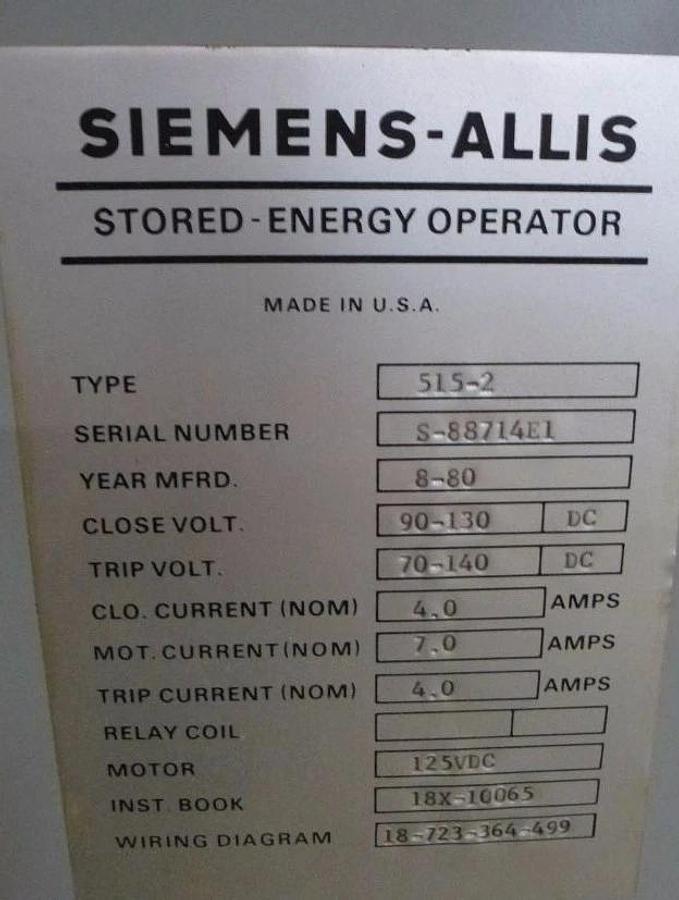 Used Siemens FB-500A1 512-2 1200A High Voltage Circuit Breaker 125vdc 1200 Amp 125v