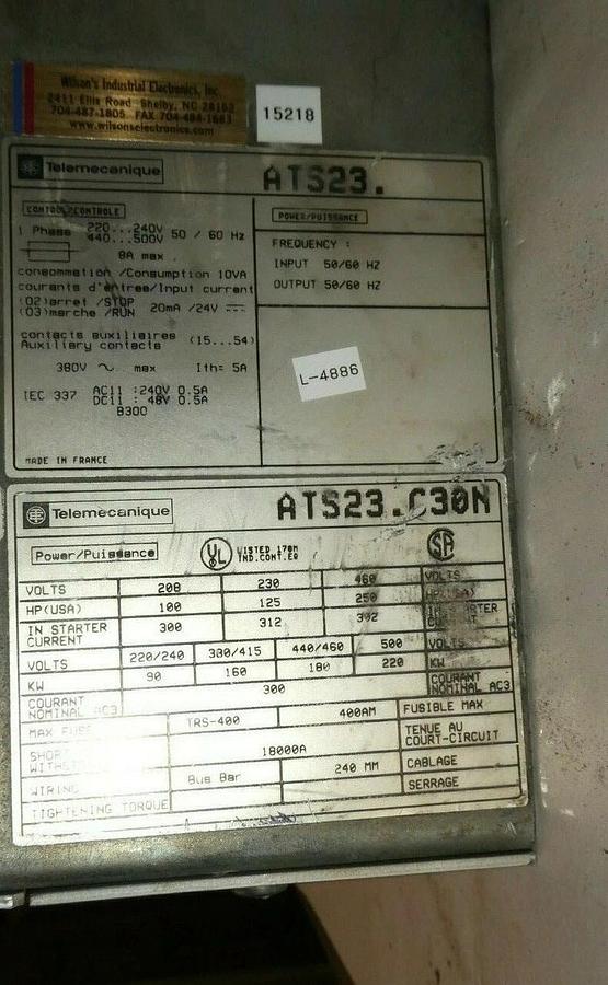 Used Telemecanique ATS23.C30N ALTISTART3 Soft Starter 220 480 Volt 250 HP 300 Amp