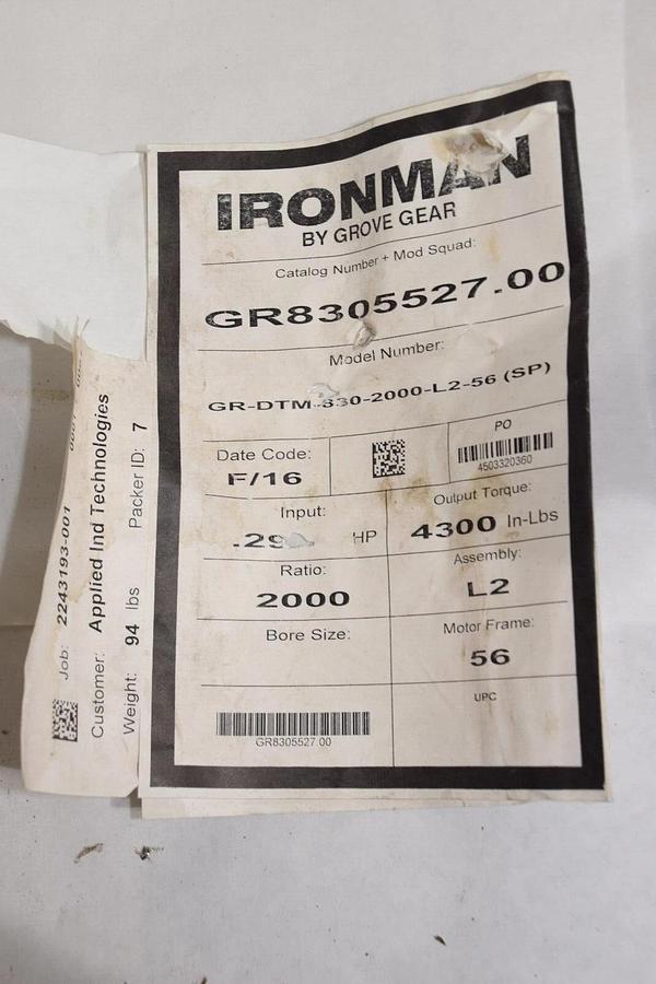 Grove Gear IronMan Gear Box Reducer GR8305527.00 GR-DTM-830-2000-L2-56 SP 2000:1