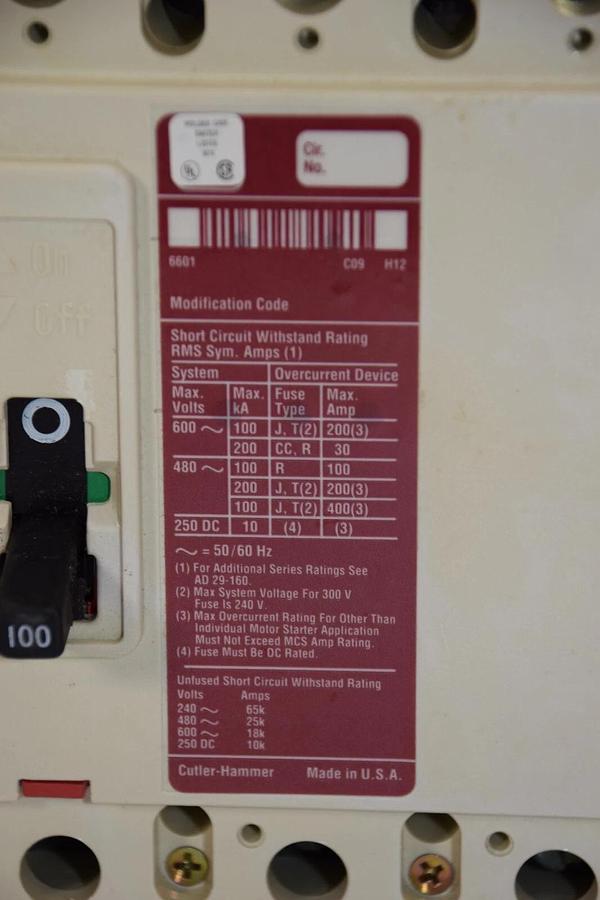 CUTLER HAMMER FD4100KL 100A 100 Amp 4p 600Vac Series C Circuit Breaker (NEW)