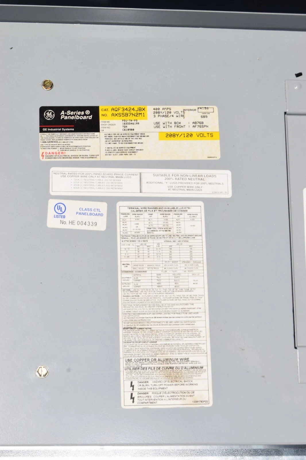 Used General Electric GE A-Series II Panelboard Panel AQF3424JBX 400A 208y/120 3ph 4w