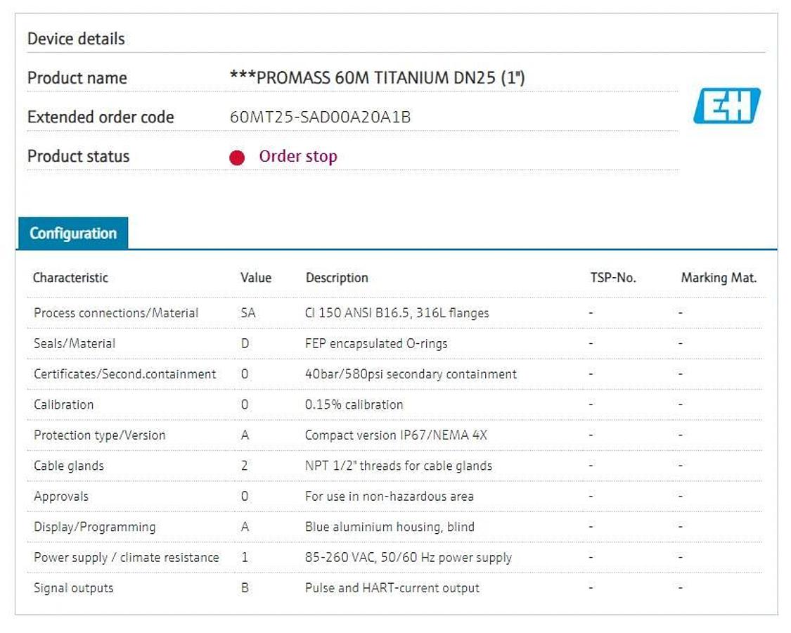 ENDRESS + HAUSER Promass M Mass Flowmeter Titanium 1" 60MT25-SAD00A20A1B (NEW)