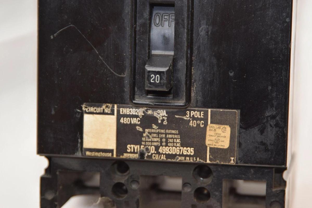 Used WESTINGHOUSE EHB3020L 20A 20 Amp A 3P 480Vac Circuit Breaker