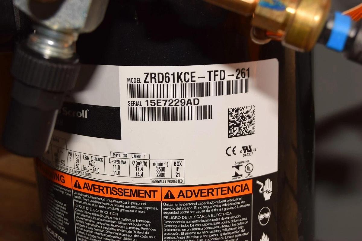 Used Copeland Emerson Scroll Compressor ZRD61KCE-TFD-261 3ph 380-420v 406v