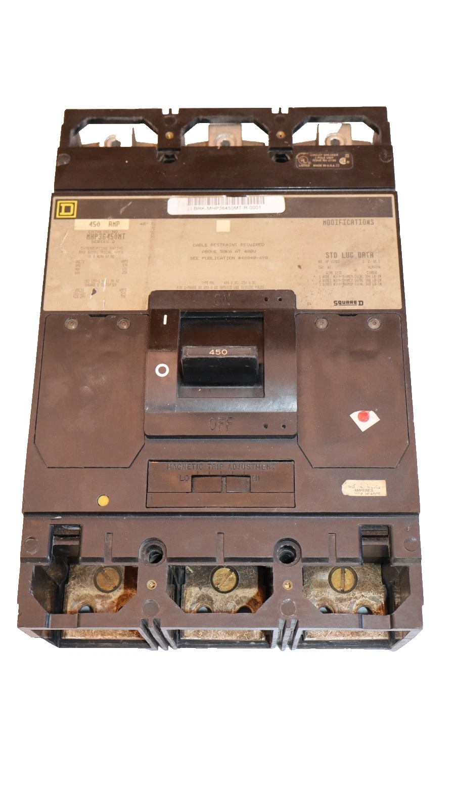 Used Square D Breaker MHP36450MT 450 AMP 600V  450A Magnetic Trip Adjustment