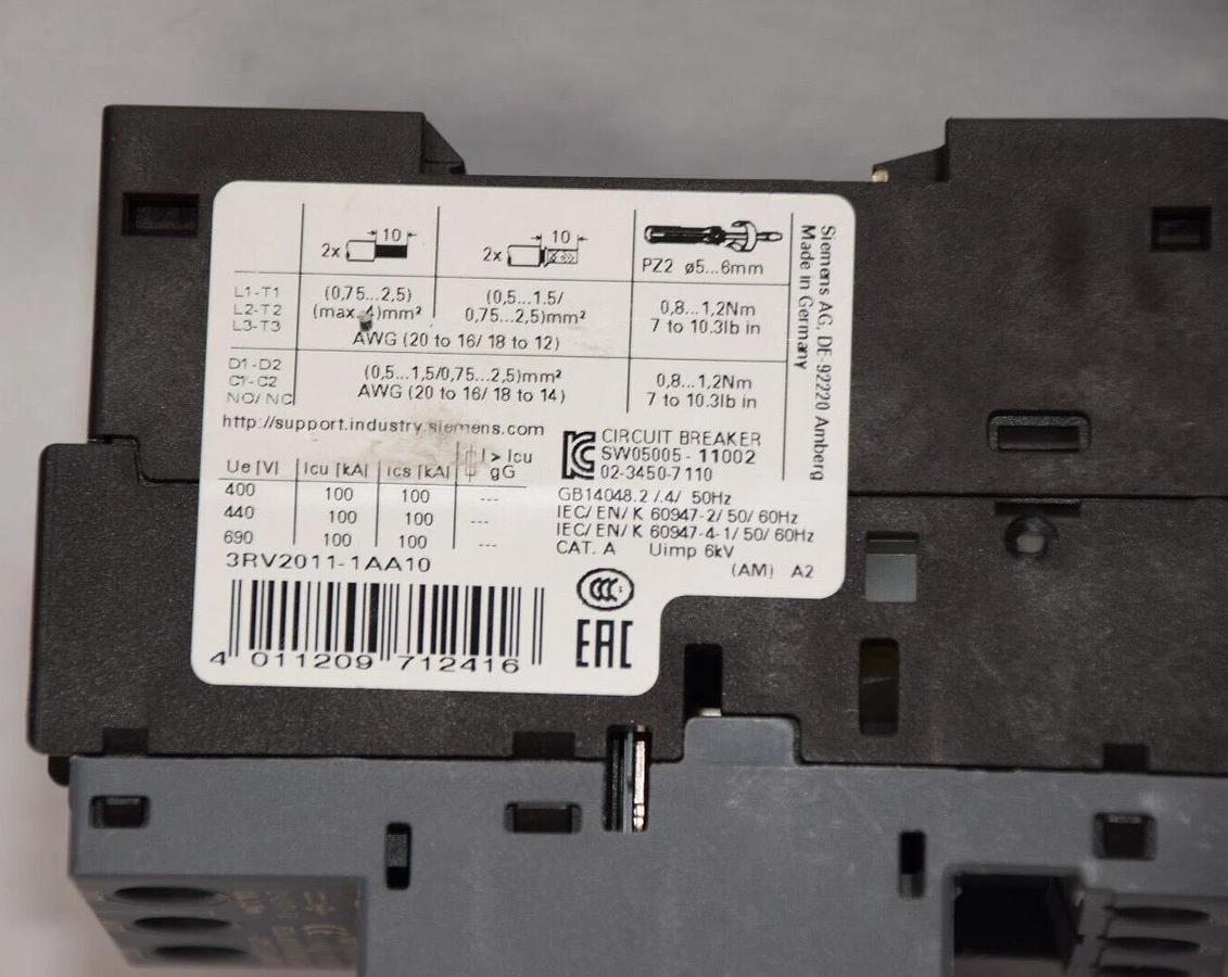 Used SIEMENS 3RV2011-1AA10 3RV20111AA10 1.1-1.6A Circuit Breaker *Missing Cover*