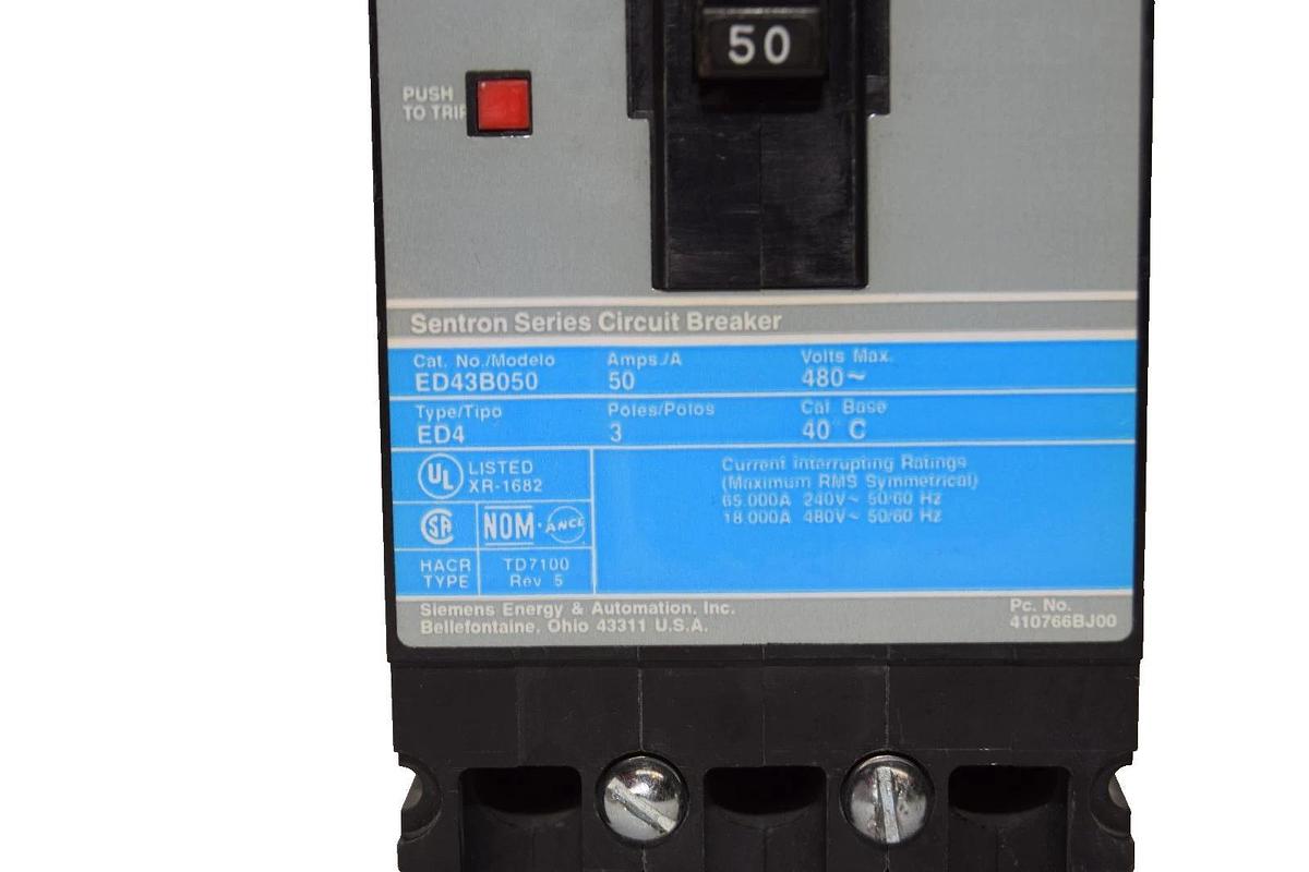 Used Siemens ED43B050 50A Amp 480V 3P Type ED4 Sentron Series Circuit Breaker