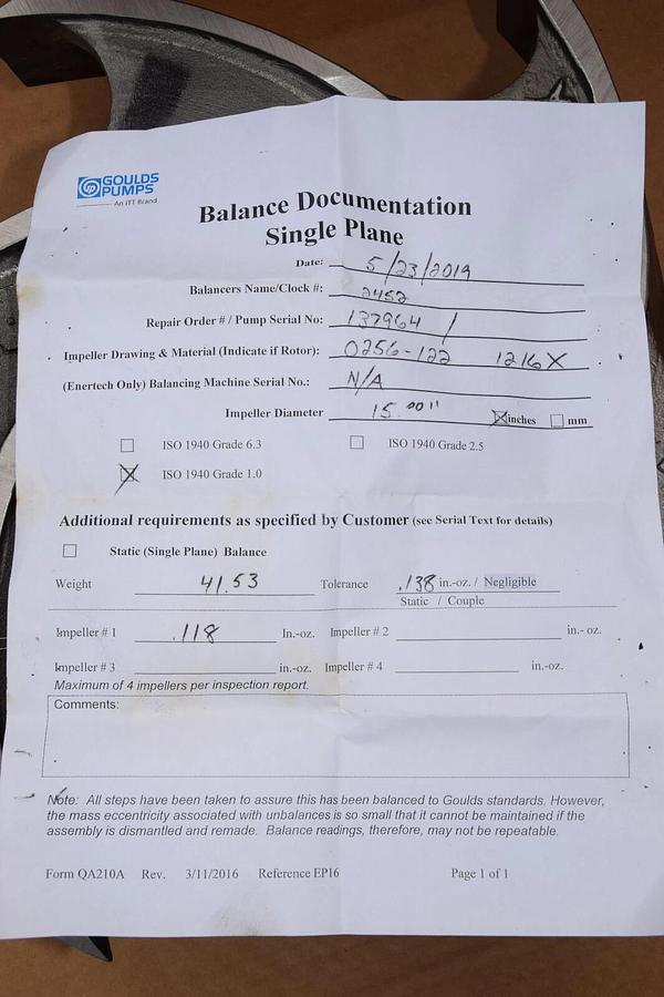 Goulds Pumps 15" Impeller 0256-122 1216X 0256-122-1216X 3196 XLT 8x10-15G (NEW)