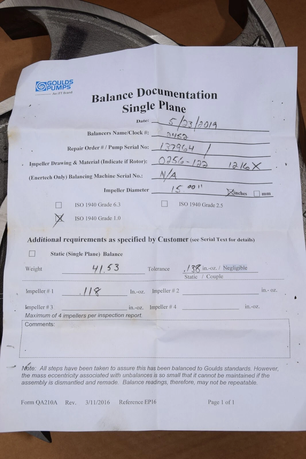 Goulds Pumps 15" Impeller 0256-122 1216X 0256-122-1216X 3196 XLT 8x10-15G (NEW)