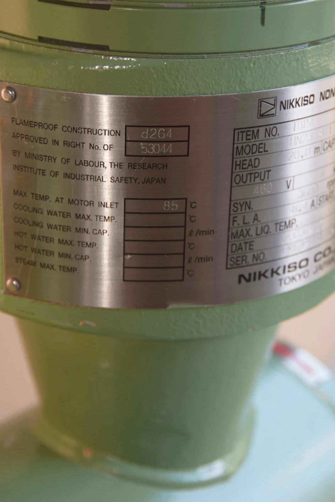 Used Nikkiso Non-Seal Pump TBP4 HN23B-B1 HN23BB1 Head: 20m 3.6kw 460v 500 L/min