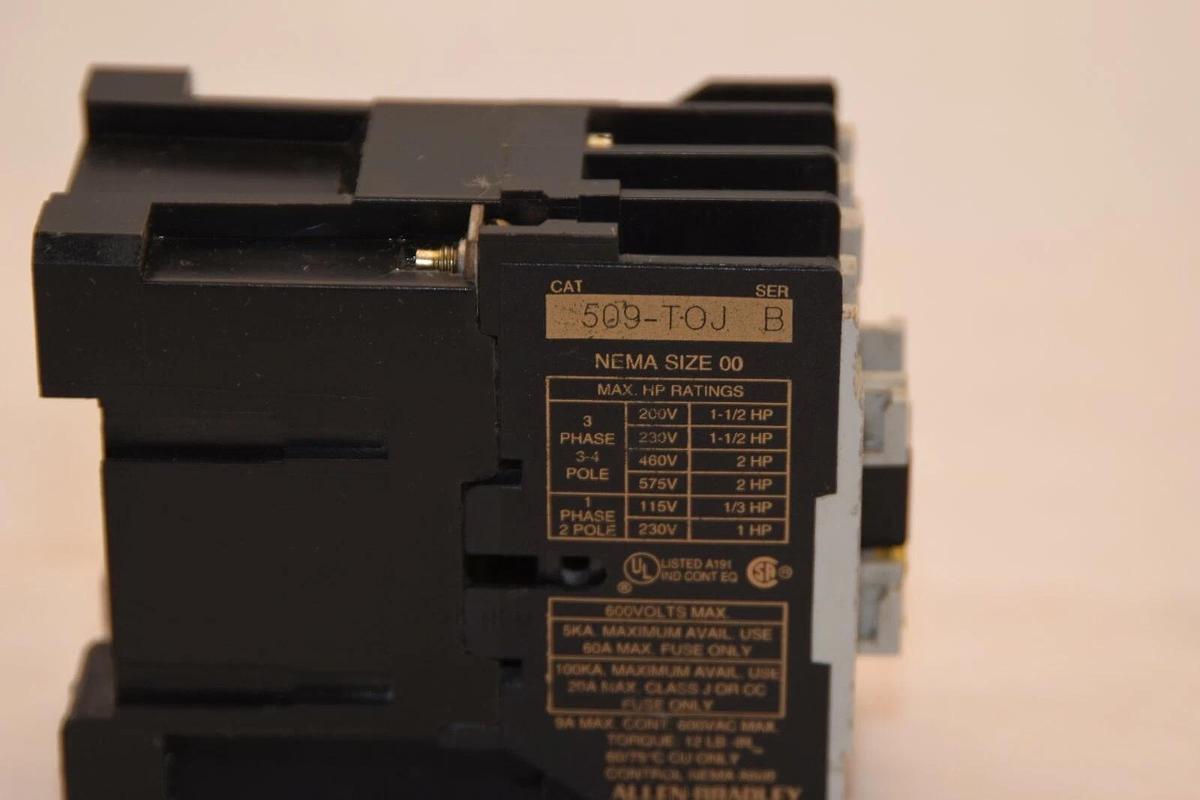 Used ALLEN BRADLEY 509-T0J 509-TOJ Series B Size 00 3Ph 3-4P 600V 24V Coil Starter