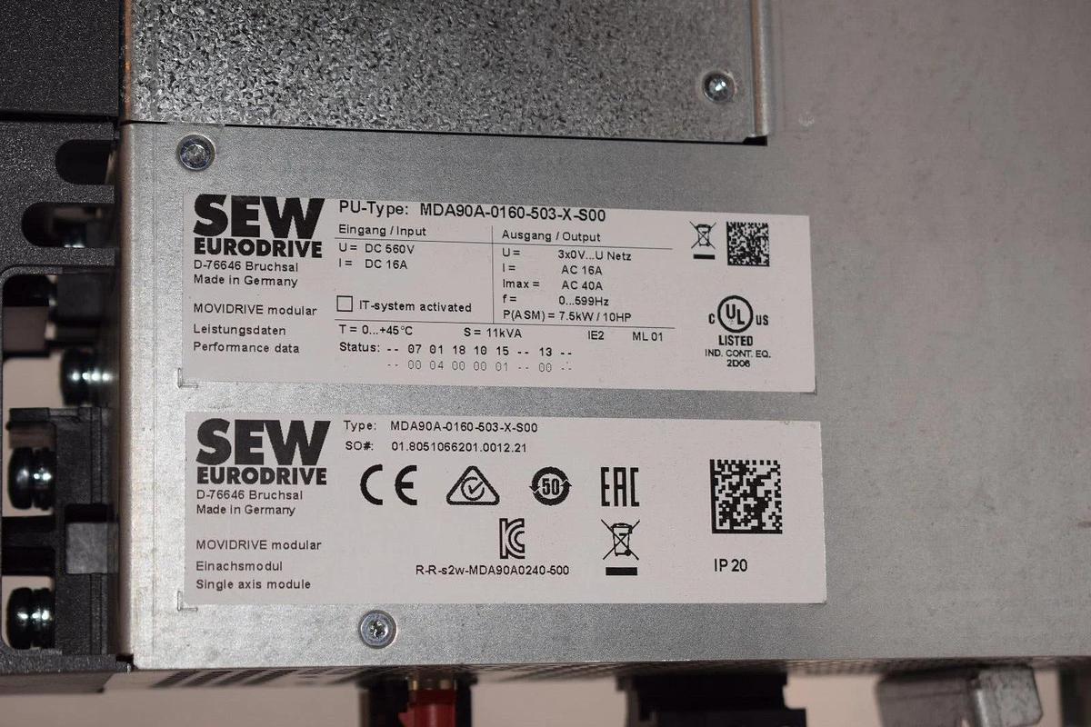 SEW Eurodrive Movidrive Drive MDA90A-0160-503-X-S00 Input: 560v 7.5kw 10hp 16a