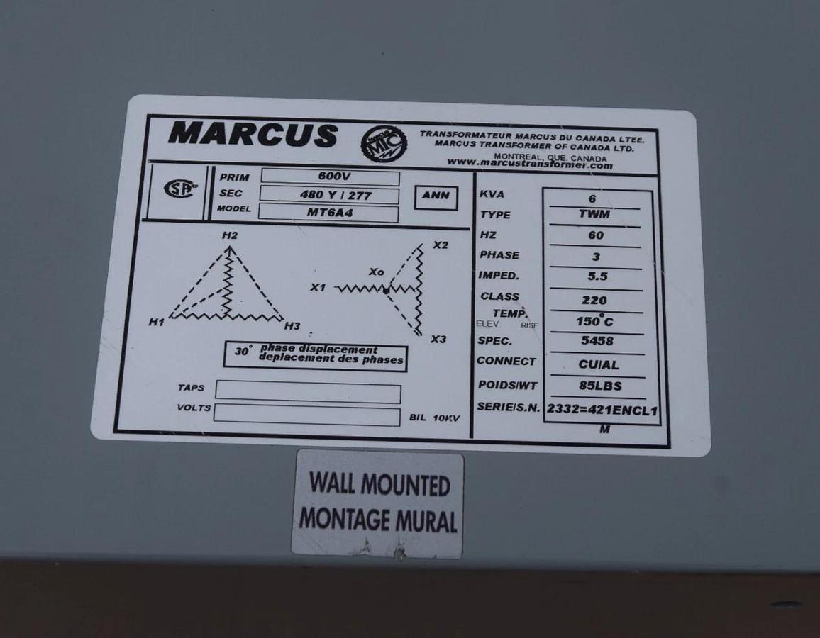 Marcus 6kva 6 kva Transformer MT6A4 600v 480y/277 ANN 60hz 3ph (NEW)