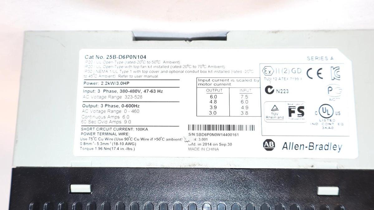 Allen Bradley 25B-D6P0N104 PowerFlex AC Drive *No Face Panel & Front Cover -New