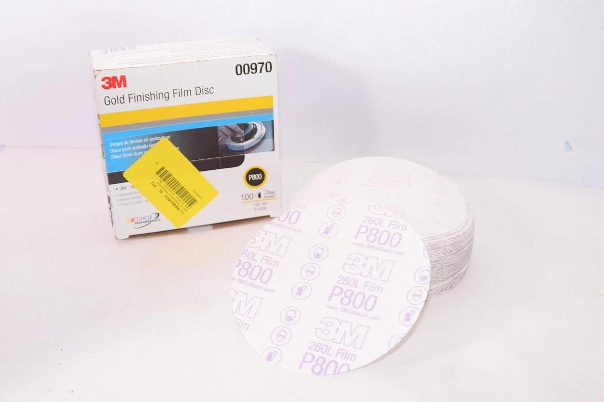 (NEW - Box of 100) 3M P800 00970 6" Hookit Attachment Gold Finishing Film Disc