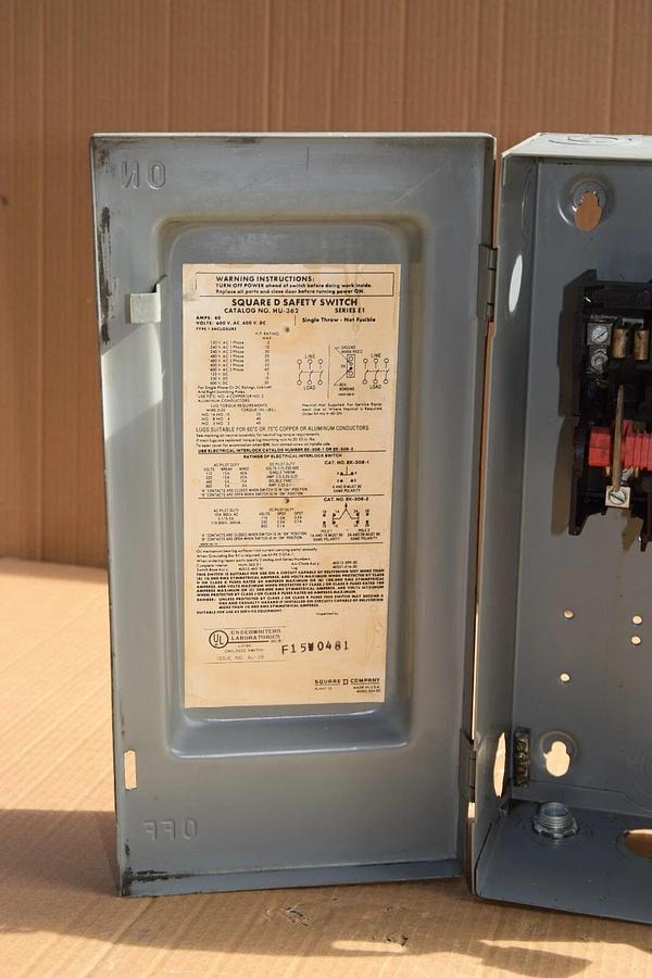 Used SQUARE D HU-362 HU362 Ser E1 60A 60 Amp 60 A 600V Unfisible Safety Switch Type 1