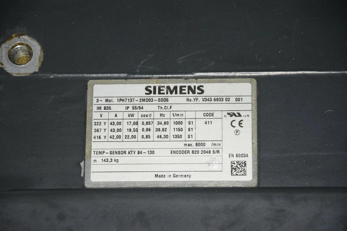 Used Siemens 1150 RPM Induction Motor 1PH7137-2MD03-0DD5 162.3NM 1PH71372MD030DD5