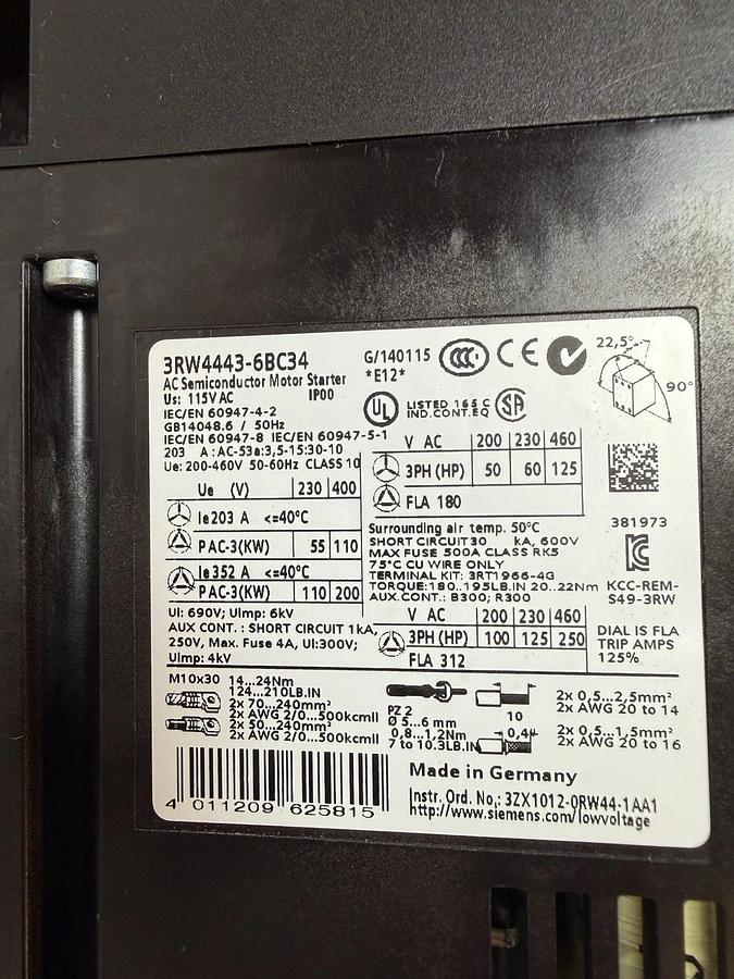 Used Siemens AC Semiconductor Motor Starter 3RW4443-6BC34 SIRIUS 115vac