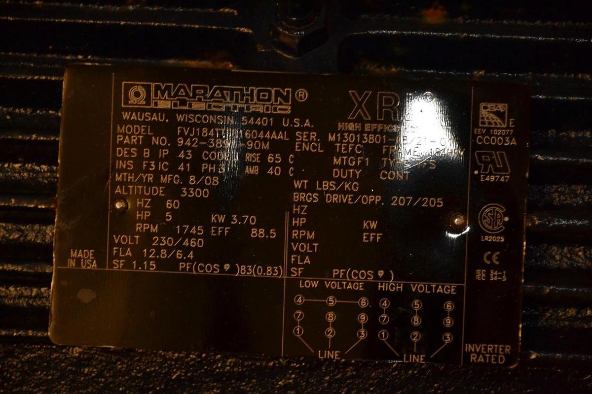 Used Marathon Motor 5hp  FVJ184TTFS16044AAL  942-3891-90M  230/460v 3ph 5hp 1745rpm
