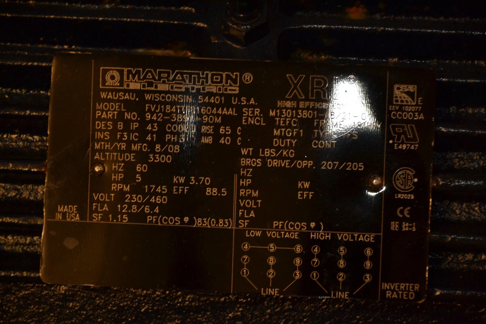 Used Marathon Motor 5hp FVJ184TTFS16044AAL 942-3891-90M 230/460v 3ph 5hp 1745rpm