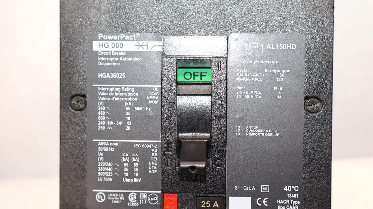 Used Square D / PowerPact HG 060 , HGA36025 25A Amp 3 Pole Circuit Breaker