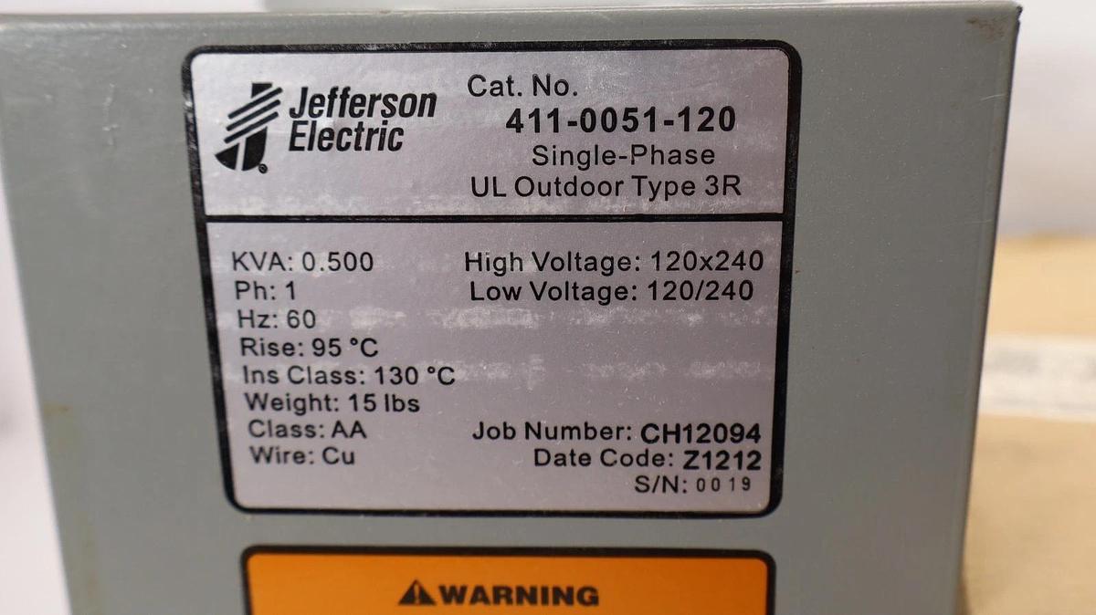 Jefferson Electric Transformer 411-0051-120 0.5kva 1Ph 120/240v Voltage (New)