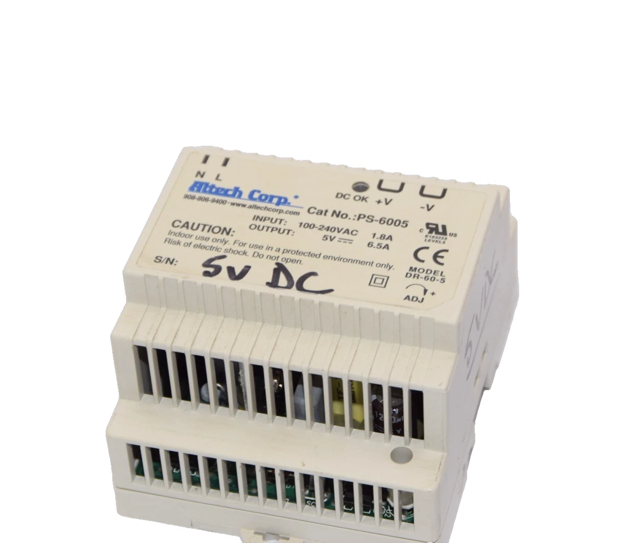 Used ALTECH CORP PS-6005 DR-60-5 Input 100-240Vac /1.8A Output 5V /6.5A Power Supply