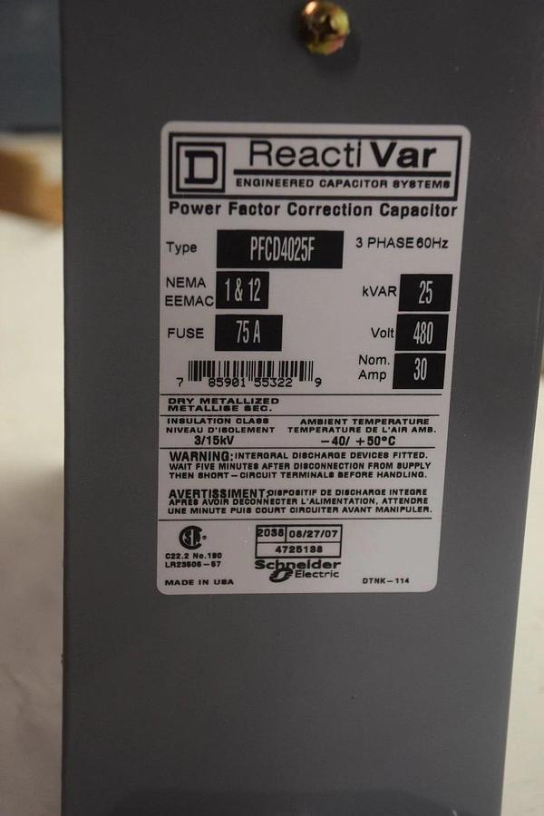 Square D ReactiVar PFCD4025F 25 KVAR POWER FACTOR CORRECTION CAPACITOR