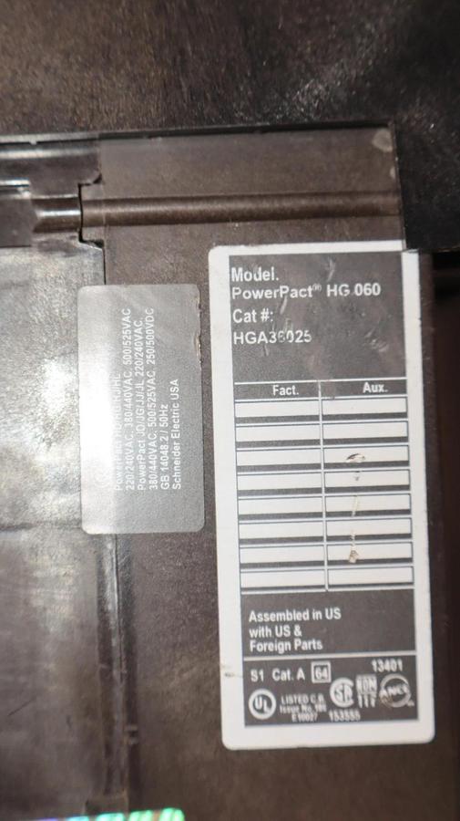 Used Square D / PowerPact HG 060 , HGA36025 25A Amp 3 Pole Circuit Breaker