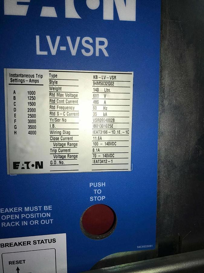 Used Eaton KB-LV-VSR 94M5032G02 480a Amp 600v-ac Vacuum Circuit Breaker Starter