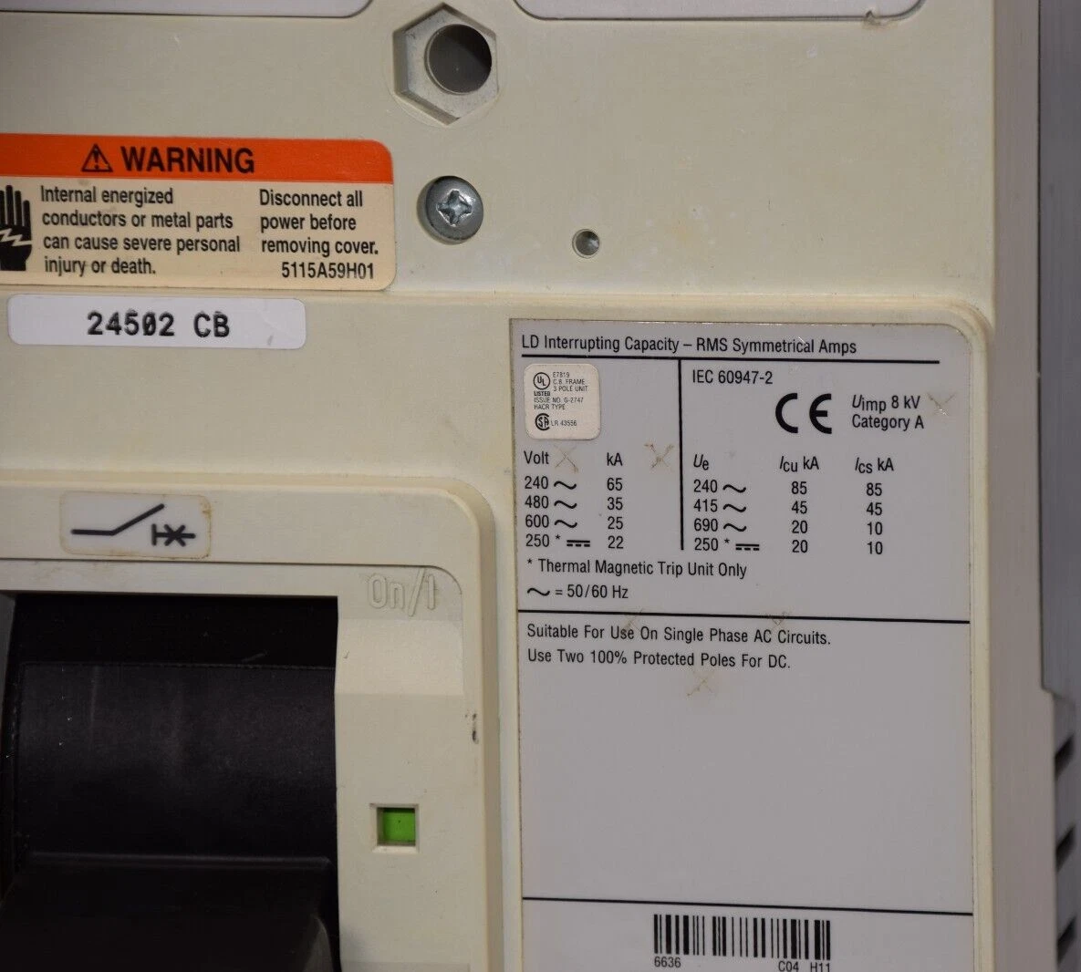 Used Cutler Hammer Breaker LD3500 LD35k 500 Amp 500A 6613C98G02 3pole 600vac  *read*