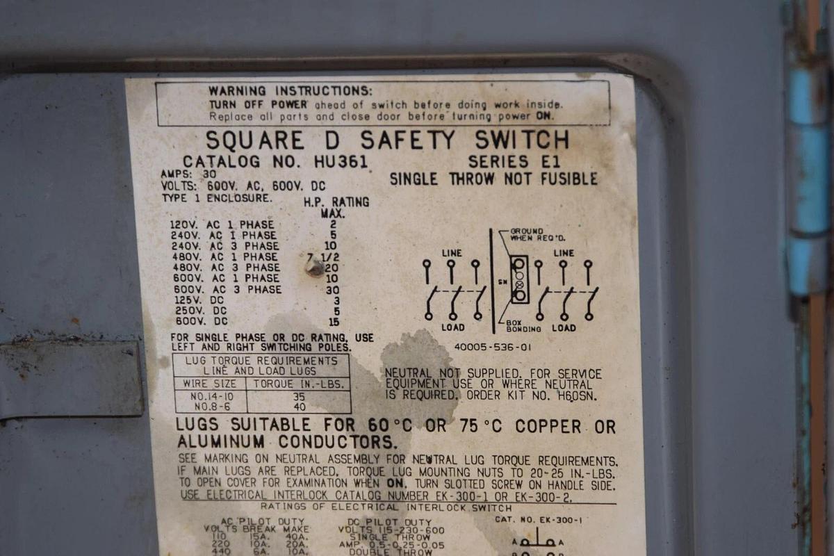 Used SQUARE D Safety Switch HU361 30A 30 Amp 30 A 600V Series E1 Safety Switch